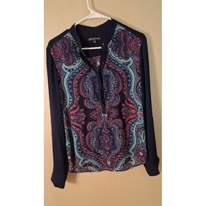 Adrianna Papell Navy Blue Paisley Print Roll Tab Sleeve Blouse Top Medium